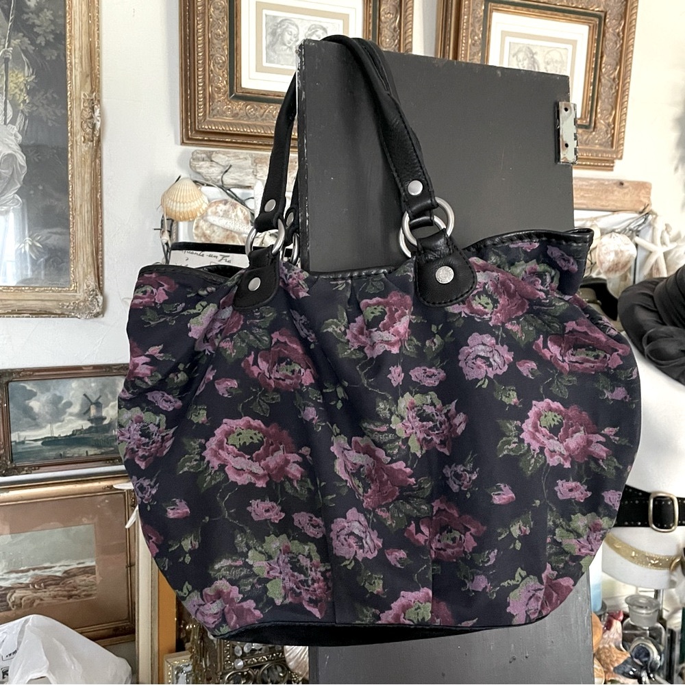 Lucky Brand black Floral canvas leather hobo shoulder bag